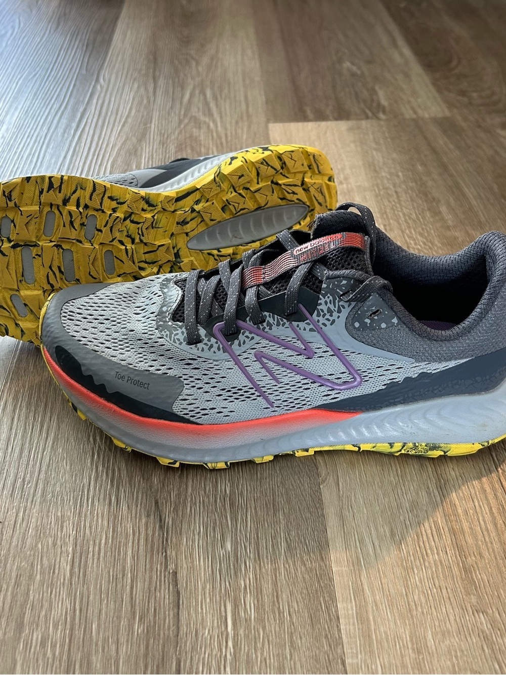 New Balance Women’s Grey Running Shoes with Yellow Outsole and Purple Logo